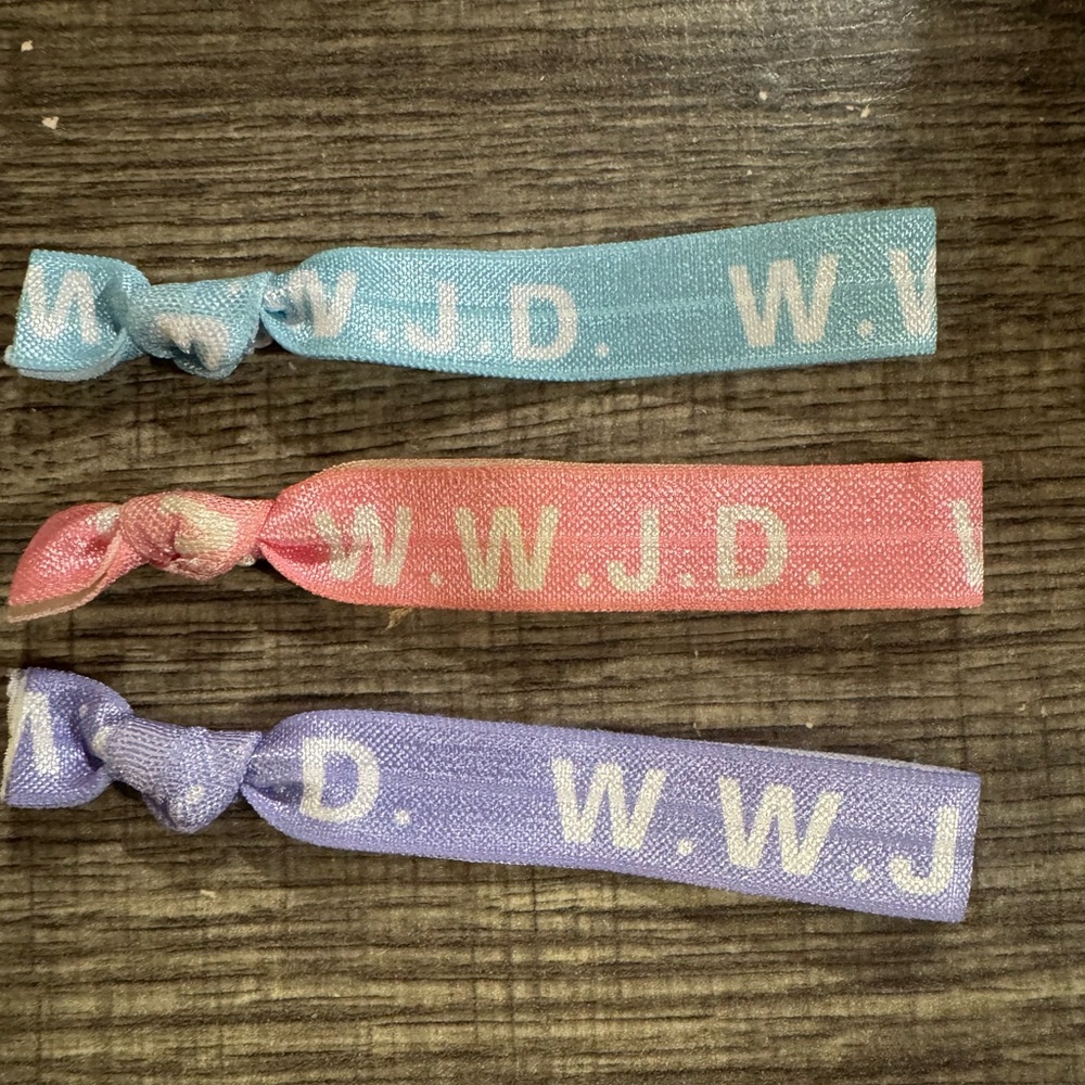 Colorful WWJD Hair Ties blue pink purple pastel